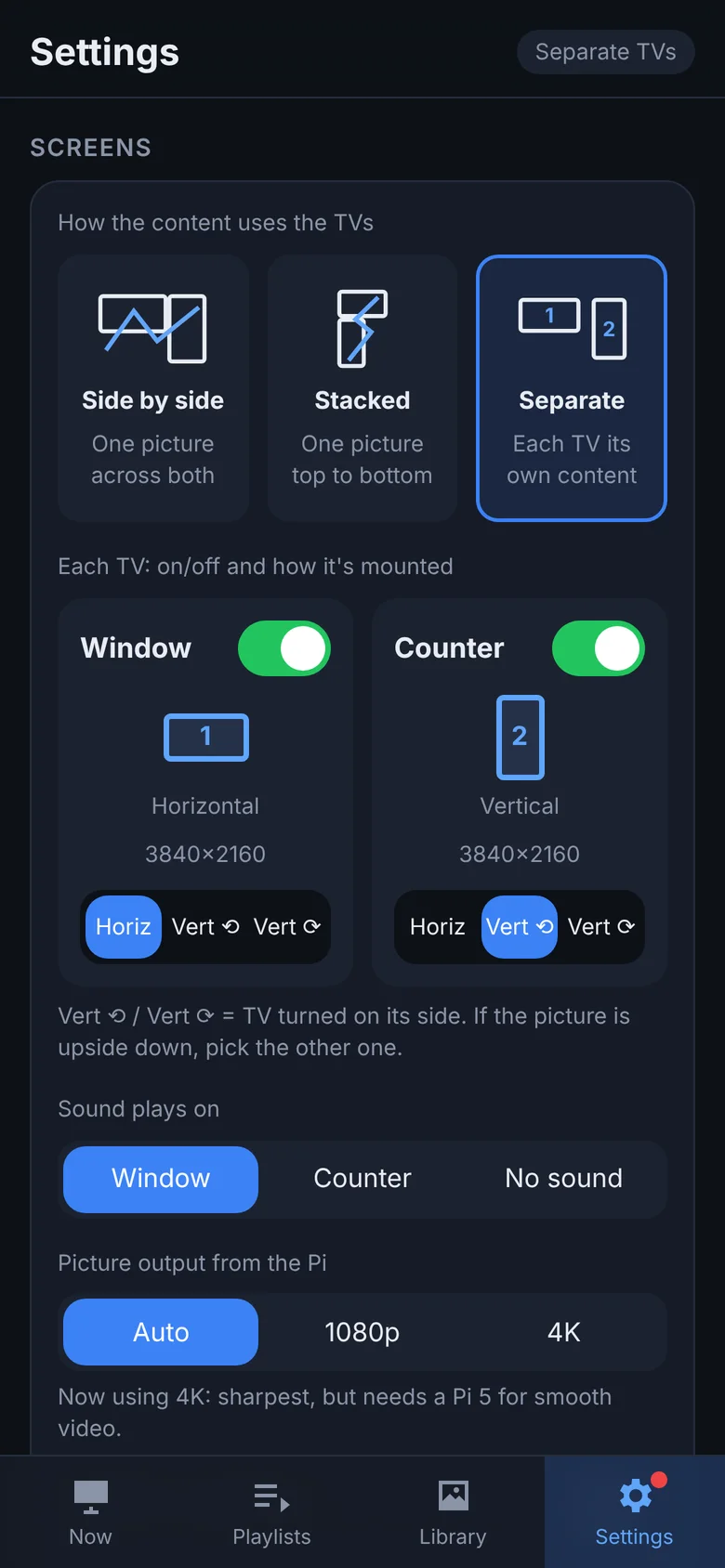 Settings: layout, rotation and on/off for each TV