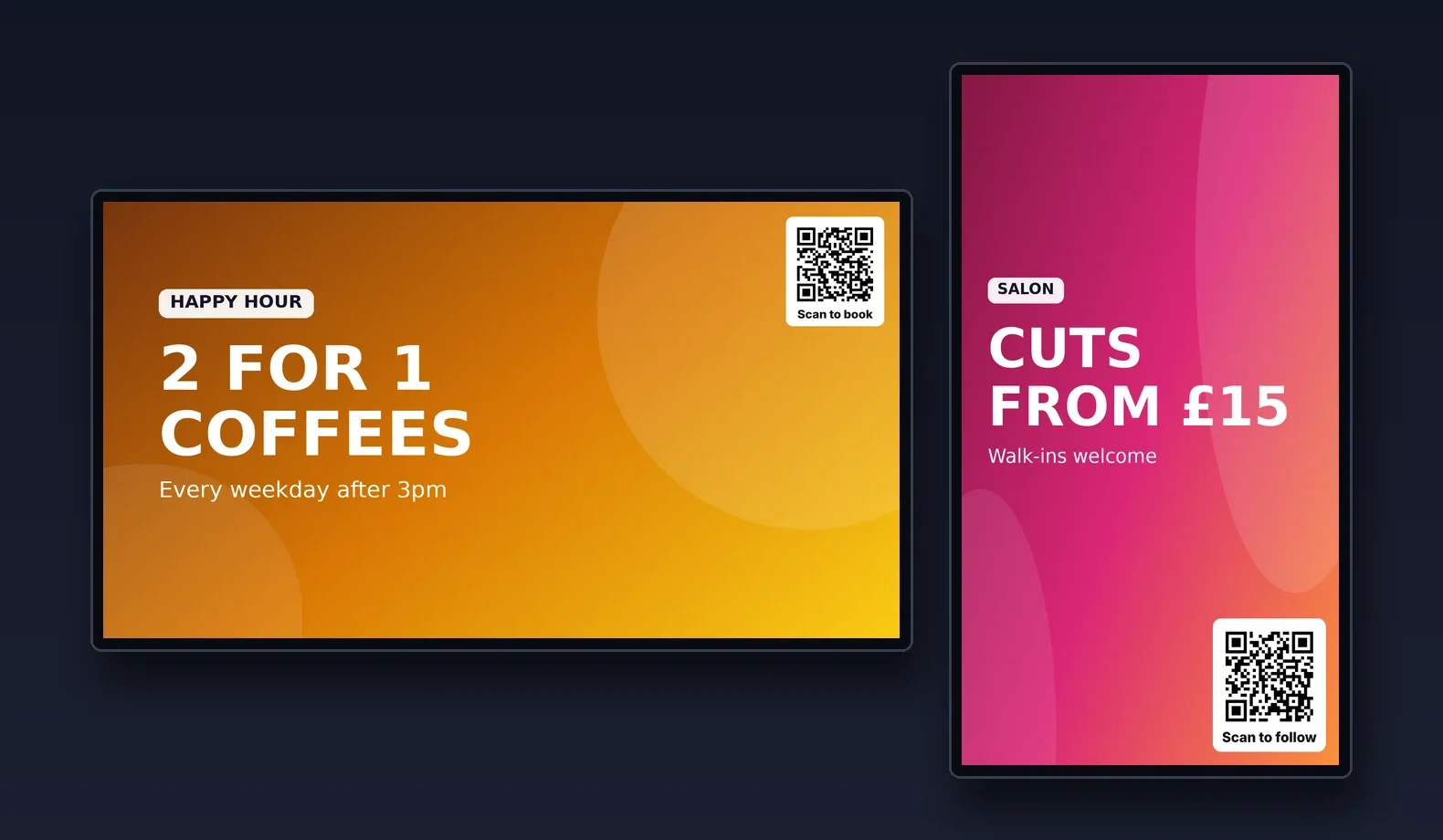 A landscape TV and a portrait TV showing different adverts